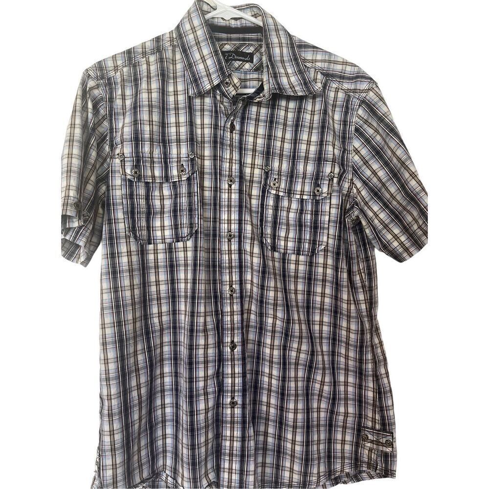 7 Diamonds Men's Plaid Collared Short Sleeves Button-Up Shirt Size L